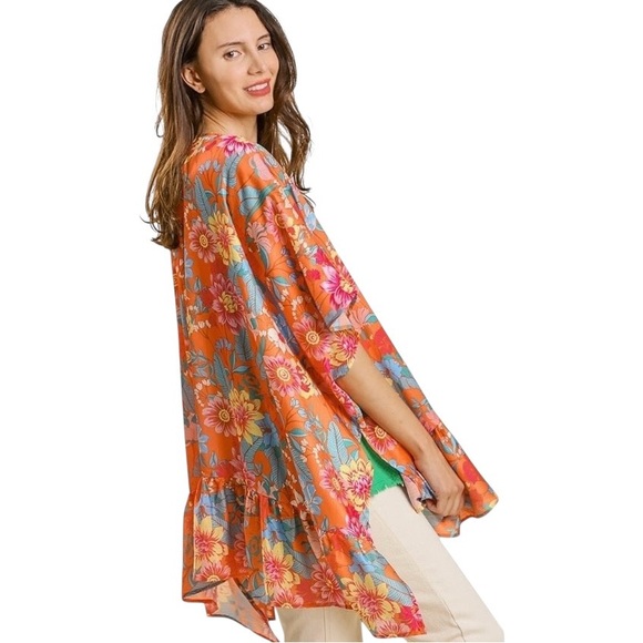 TANGERINE TROPIC BLOOM RUFFLE SLEEVE KIMONO - Picture 3 of 9